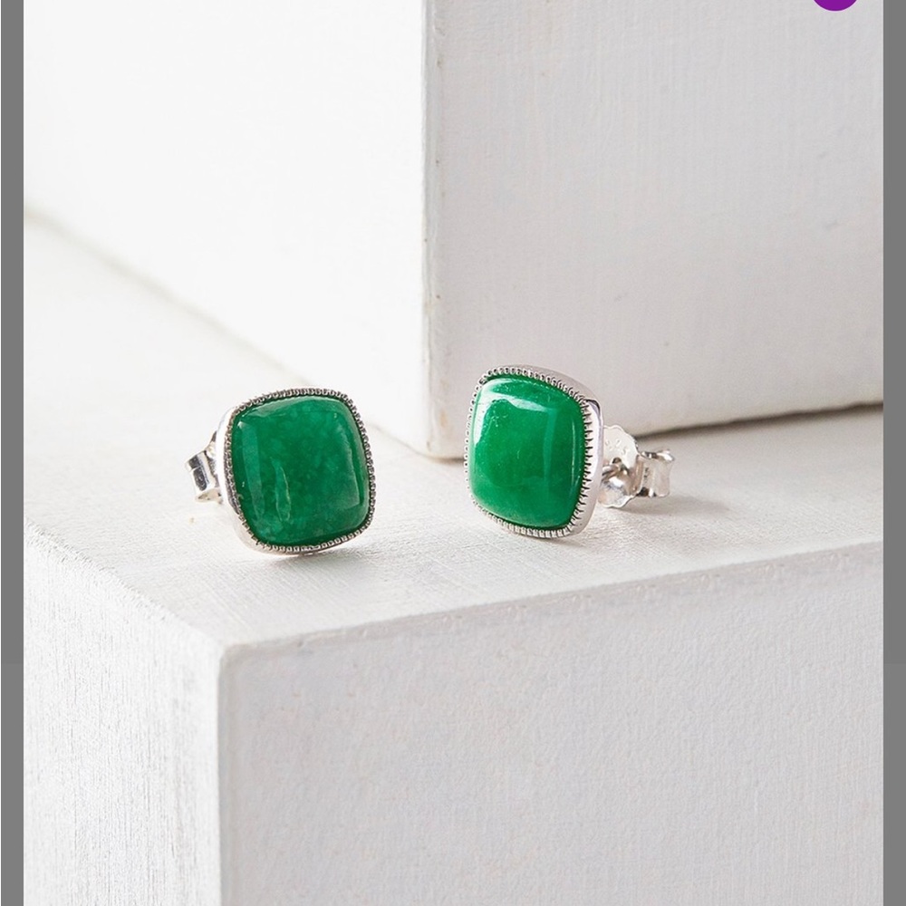 • Jade & Sterling Silver Square Stud Earrings •